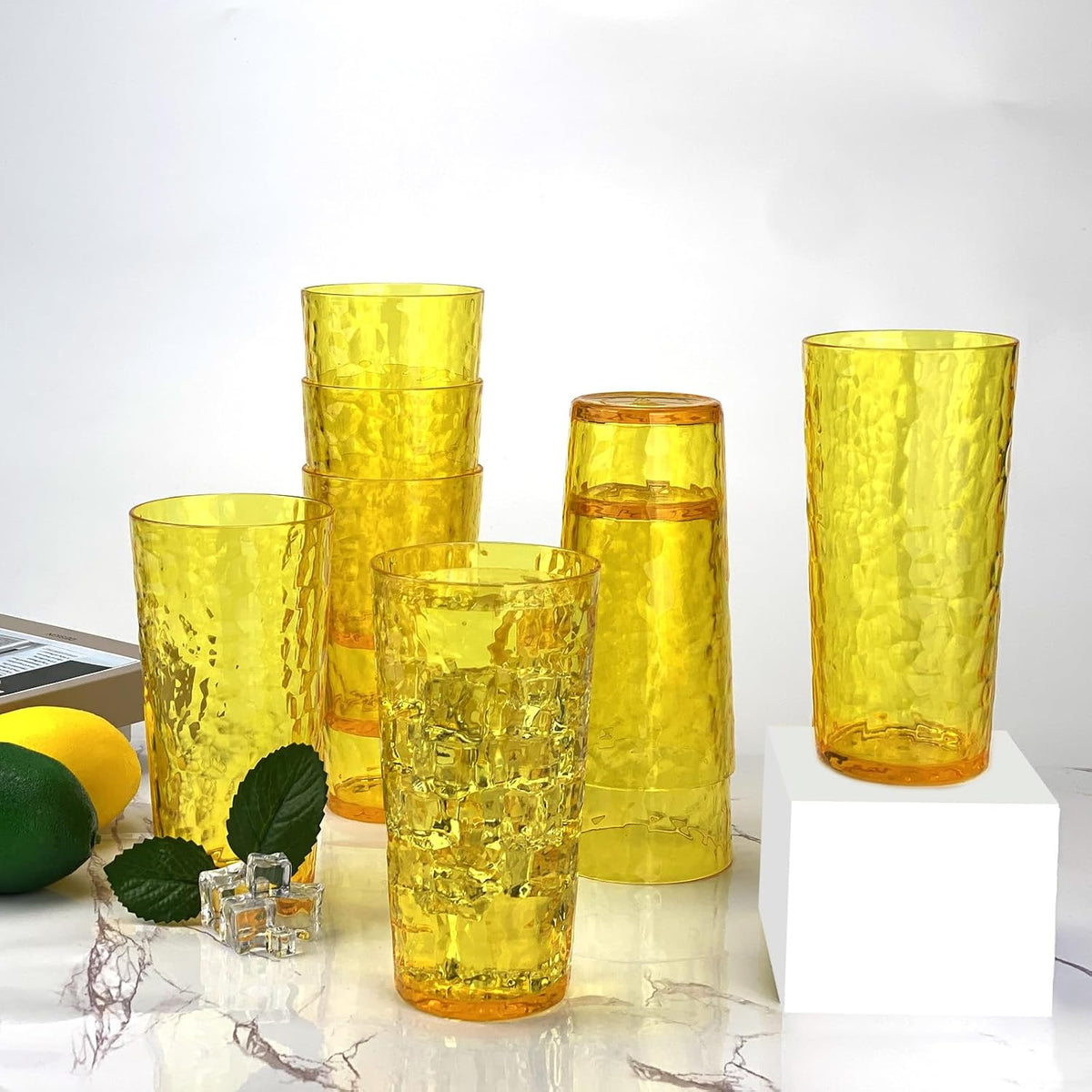 24-Ounce Plastic Tumbler Acrylic Drinking Glasses, Reusable Plastic Cups, Stackable, BPA-Free, Shatter Proof, Dishwasher Safe, Set of 8 (Yellow)