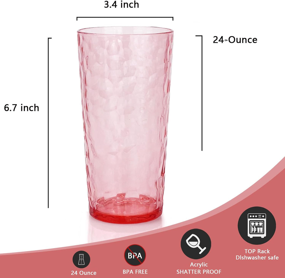 24-Ounce Plastic Tumbler Acrylic Drinking Glasses, Reusable Plastic Cups, Stackable, BPA-Free, Shatter Proof, Dishwasher Safe, Set of 8 (Yellow)