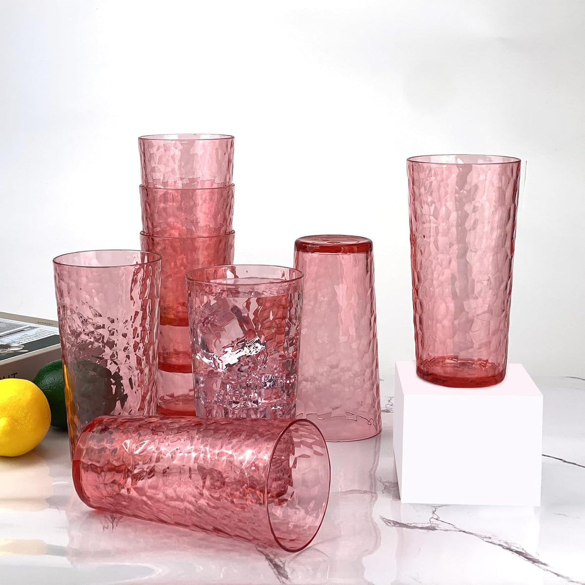 24-Ounce Plastic Tumbler Acrylic Drinking Glasses, Reusable Plastic Cups, Stackable, BPA-Free, Shatter Proof, Dishwasher Safe, Set of 8 (Yellow)