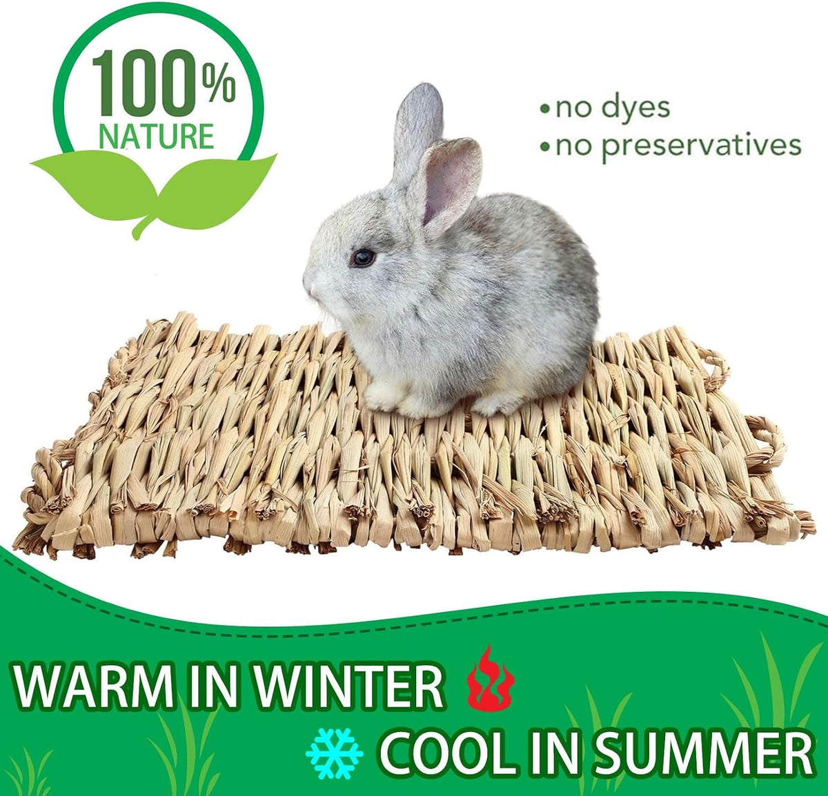 2 PCS Rabbit Grass Mats, Natural Straw Hay Woven Rabbit Bed Cage Mats Pet Handmade Bedding, Sleeping Chewing Nesting and Toys for Hamster Bunny Chinchilla Bird and Other Small Animal (2Pcs)