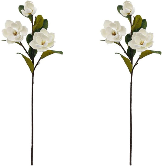 2Pcs Artificial Magnolia Flowers 3 Heads Silk White Magnolia Flowers with Stems Silk Flower Bouquet for Home Office Living Room Wedding Bridal Bouquet Bedroom Floor Vase Decoration