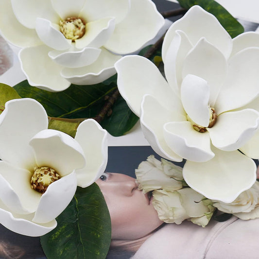 2Pcs Artificial Magnolia Flowers 3 Heads Silk White Magnolia Flowers with Stems Silk Flower Bouquet for Home Office Living Room Wedding Bridal Bouquet Bedroom Floor Vase Decoration
