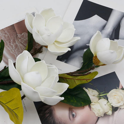 2Pcs Artificial Magnolia Flowers 3 Heads Silk White Magnolia Flowers with Stems Silk Flower Bouquet for Home Office Living Room Wedding Bridal Bouquet Bedroom Floor Vase Decoration