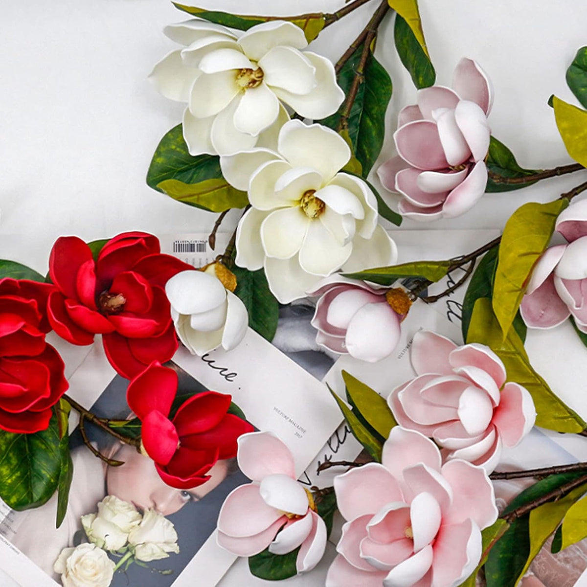 2Pcs Artificial Magnolia Flowers 3 Heads Silk White Magnolia Flowers with Stems Silk Flower Bouquet for Home Office Living Room Wedding Bridal Bouquet Bedroom Floor Vase Decoration