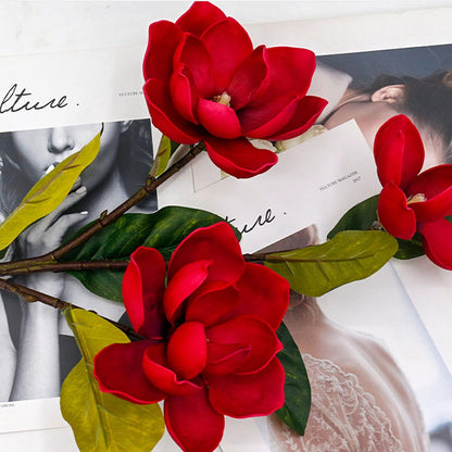 2Pcs Artificial Magnolia Flowers 3 Heads Silk White Magnolia Flowers with Stems Silk Flower Bouquet for Home Office Living Room Wedding Bridal Bouquet Bedroom Floor Vase Decoration