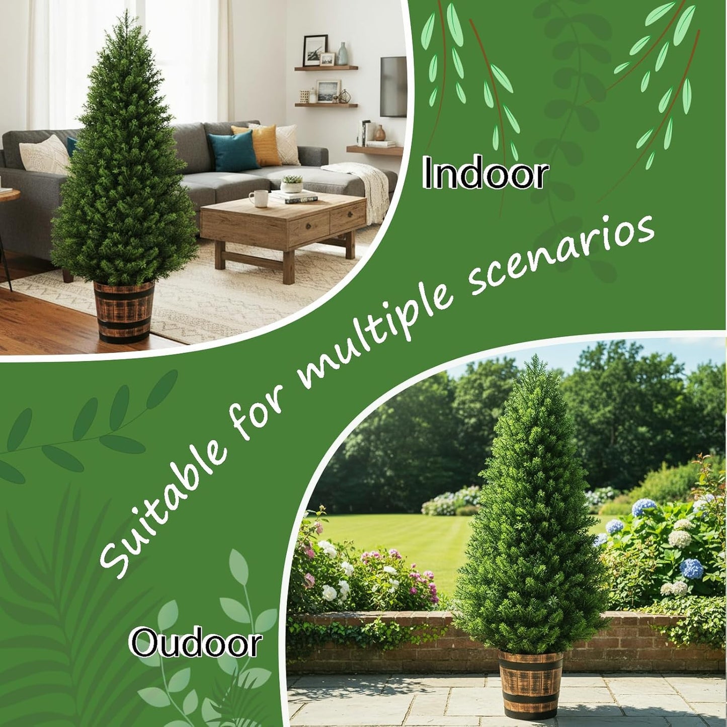 Set of 2 Artificial Cedar Topiary Trees 4FT - Indoor Faux Pine Shrubs with Barrel Planter, Outdoor Fake Cypress Evergreen Plants for Home Office Front Door Porch Decor