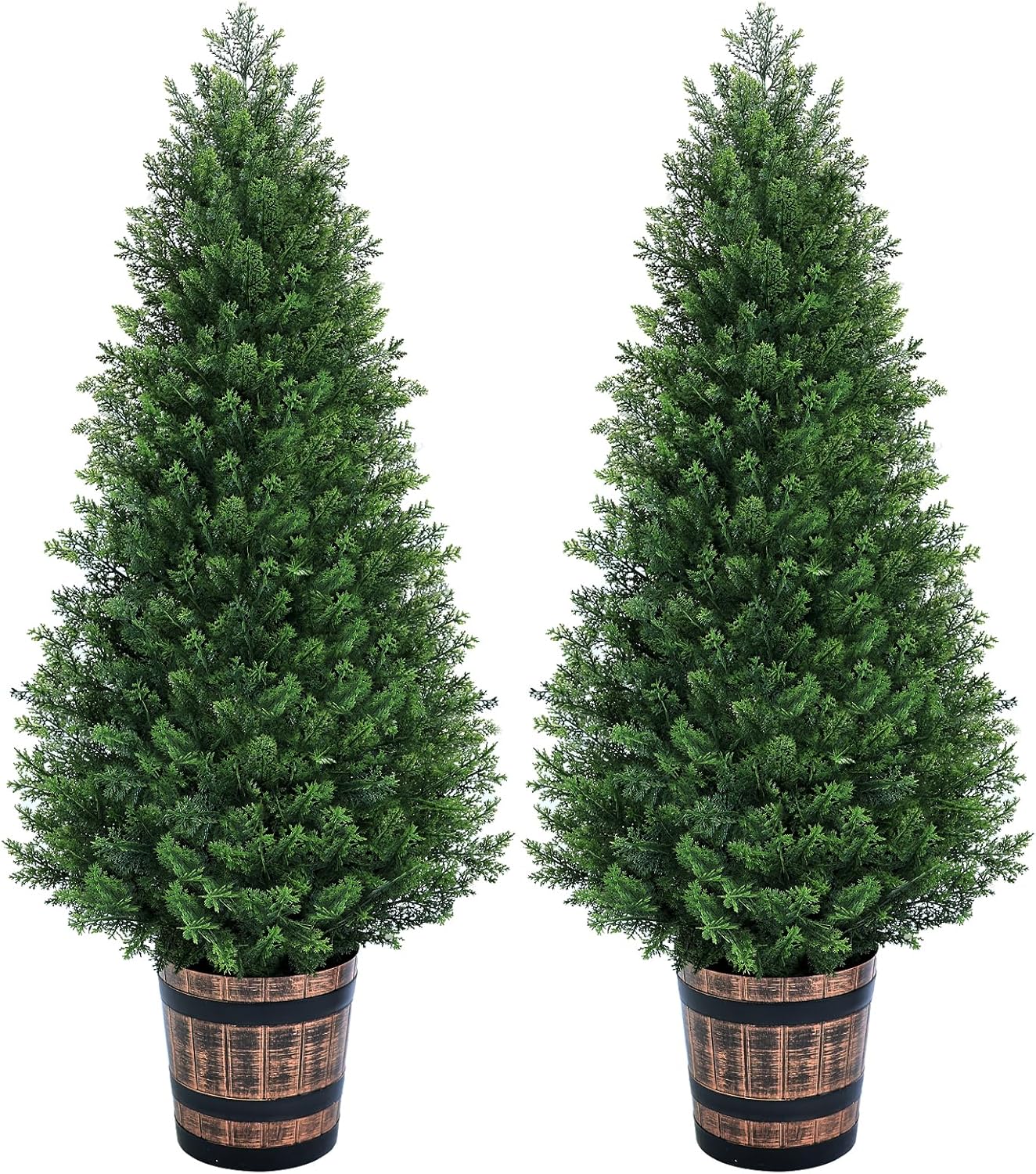 Set of 2 Artificial Cedar Topiary Trees 4FT - Indoor Faux Pine Shrubs with Barrel Planter, Outdoor Fake Cypress Evergreen Plants for Home Office Front Door Porch Decor