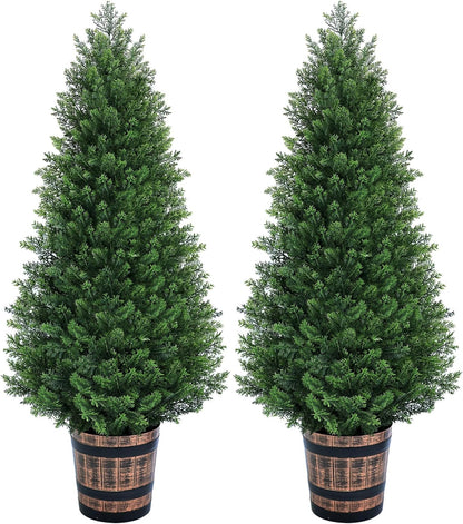 Set of 2 Artificial Cedar Topiary Trees 4FT - Indoor Faux Pine Shrubs with Barrel Planter, Outdoor Fake Cypress Evergreen Plants for Home Office Front Door Porch Decor