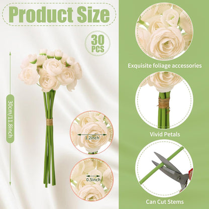 5 Bouquets Cream Ranunculus Artificial Flowers | 30 Pcs Silk Mini Faux Ranunculus Bouquet for Wedding, Bridal Shower, Centerpieces, and DIY Decorations