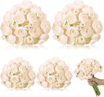 5 Bouquets Cream Ranunculus Artificial Flowers | 30 Pcs Silk Mini Faux Ranunculus Bouquet for Wedding, Bridal Shower, Centerpieces, and DIY Decorations