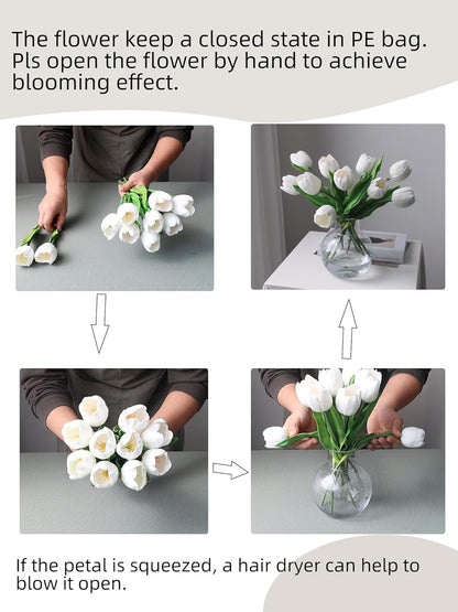 10pcs Fake Faux Tulips in Vase,Silk White Tulipanes Tulips Artificial Flowers Real Touch Arrangements with Vase for Desk Table Decoration Home Decor