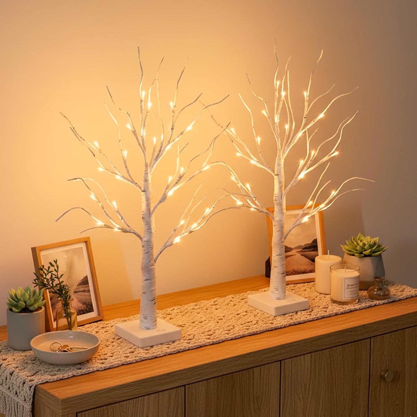 Home Decorations Light Up White Birch Tree Indoor Christmas Decor, 4 Pack Battery Operated/USB Lighted Tabletop Money Tree Lamp Led Lights Xmas Wedding Centerpiece Table Room (2 Ft)