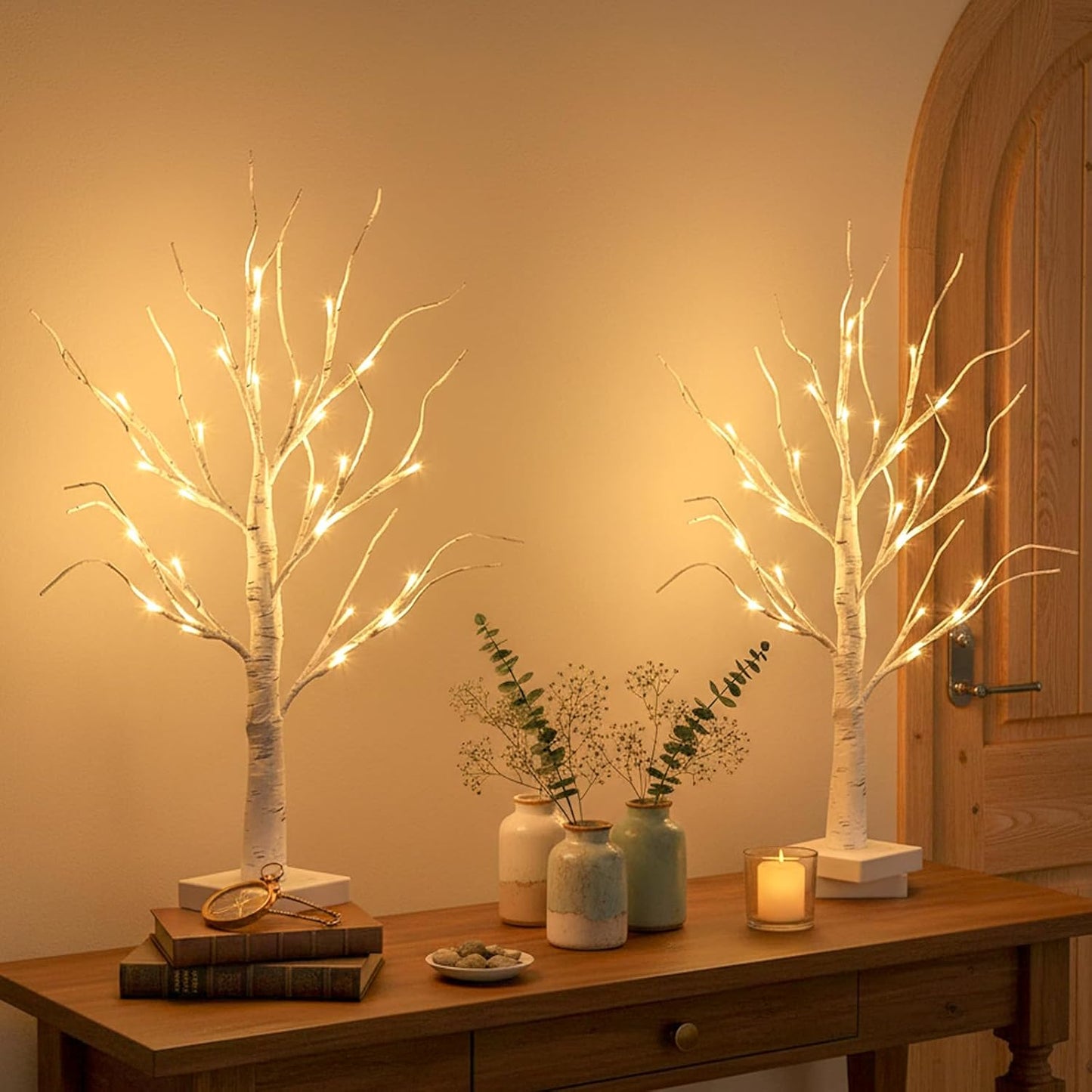 Home Decorations Light Up White Birch Tree Indoor Christmas Decor, 4 Pack Battery Operated/USB Lighted Tabletop Money Tree Lamp Led Lights Xmas Wedding Centerpiece Table Room (2 Ft)