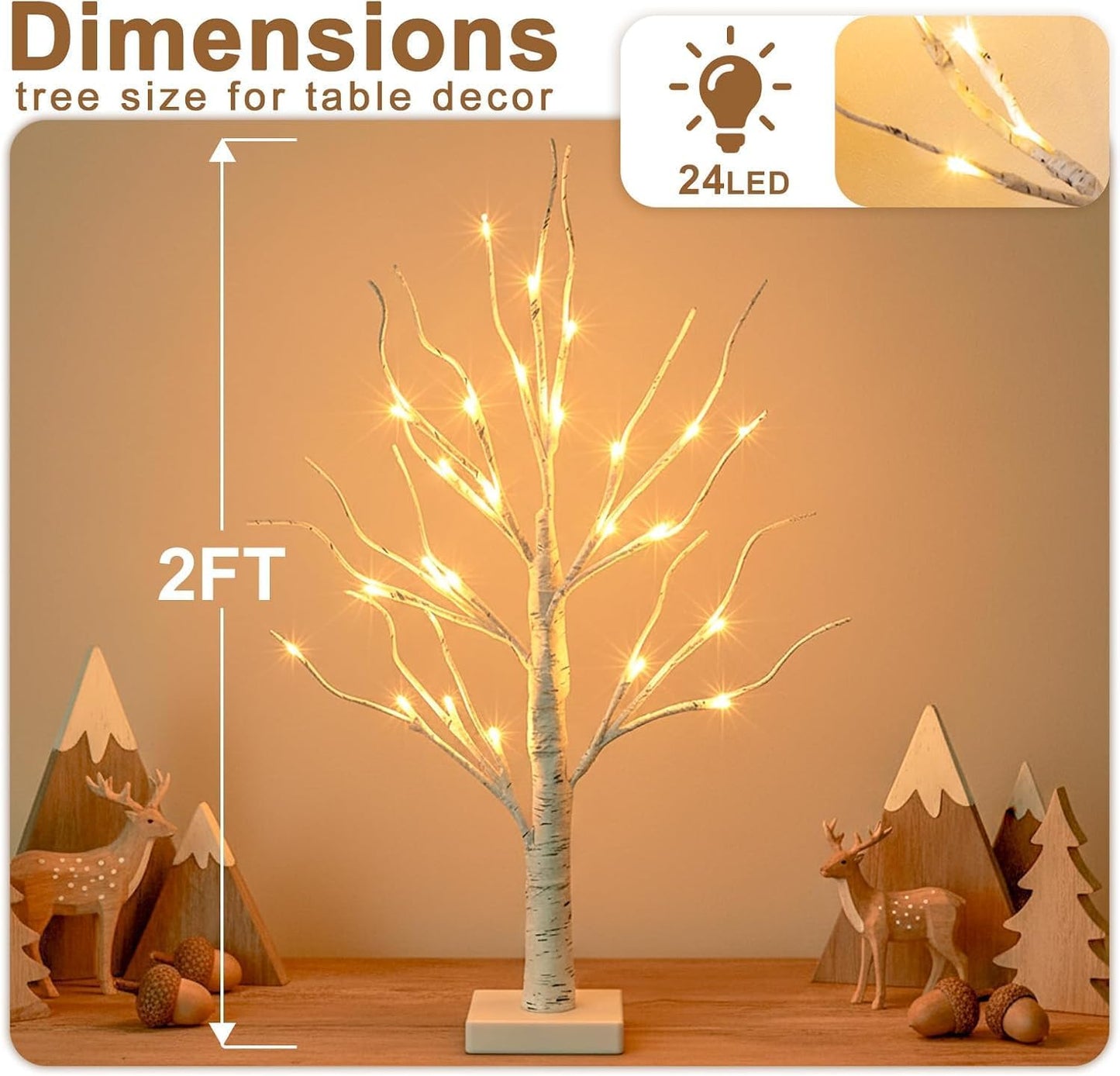Home Decorations Light Up White Birch Tree Indoor Christmas Decor, 4 Pack Battery Operated/USB Lighted Tabletop Money Tree Lamp Led Lights Xmas Wedding Centerpiece Table Room (2 Ft)