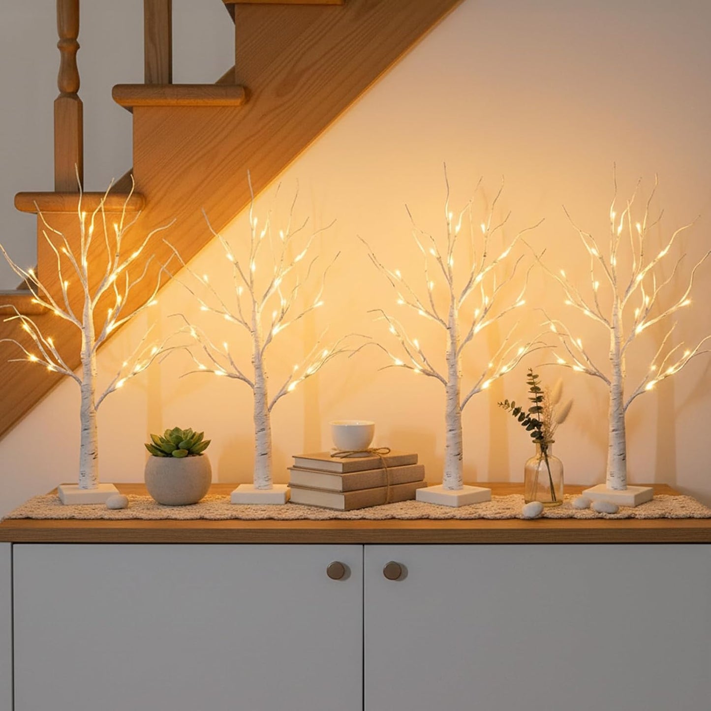 Home Decorations Light Up White Birch Tree Indoor Christmas Decor, 4 Pack Battery Operated/USB Lighted Tabletop Money Tree Lamp Led Lights Xmas Wedding Centerpiece Table Room (2 Ft)