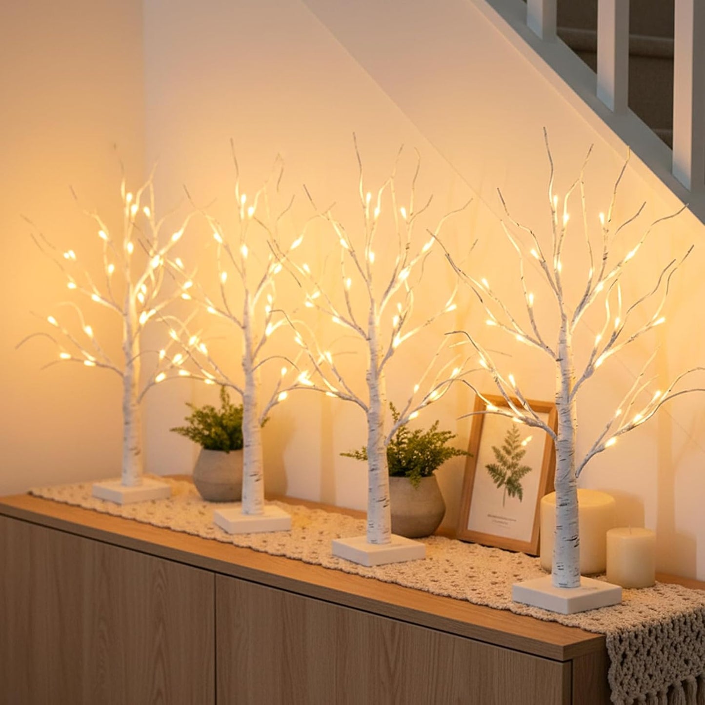 Home Decorations Light Up White Birch Tree Indoor Christmas Decor, 4 Pack Battery Operated/USB Lighted Tabletop Money Tree Lamp Led Lights Xmas Wedding Centerpiece Table Room (2 Ft)