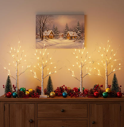 Home Decorations Light Up White Birch Tree Indoor Christmas Decor, 4 Pack Battery Operated/USB Lighted Tabletop Money Tree Lamp Led Lights Xmas Wedding Centerpiece Table Room (2 Ft)