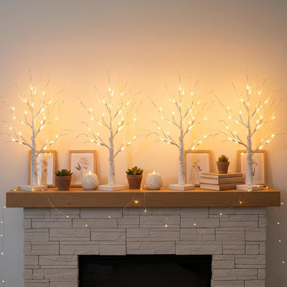 Home Decorations Light Up White Birch Tree Indoor Christmas Decor, 4 Pack Battery Operated/USB Lighted Tabletop Money Tree Lamp Led Lights Xmas Wedding Centerpiece Table Room (2 Ft)