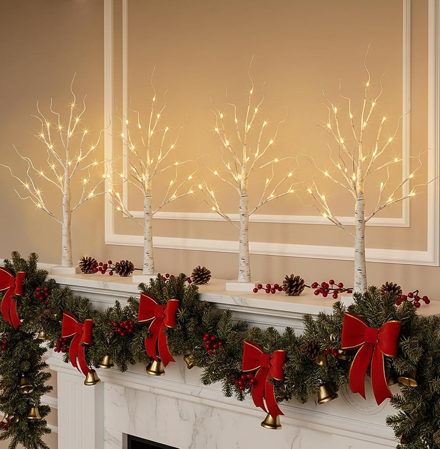 Home Decorations Light Up White Birch Tree Indoor Christmas Decor, 4 Pack Battery Operated/USB Lighted Tabletop Money Tree Lamp Led Lights Xmas Wedding Centerpiece Table Room (2 Ft)