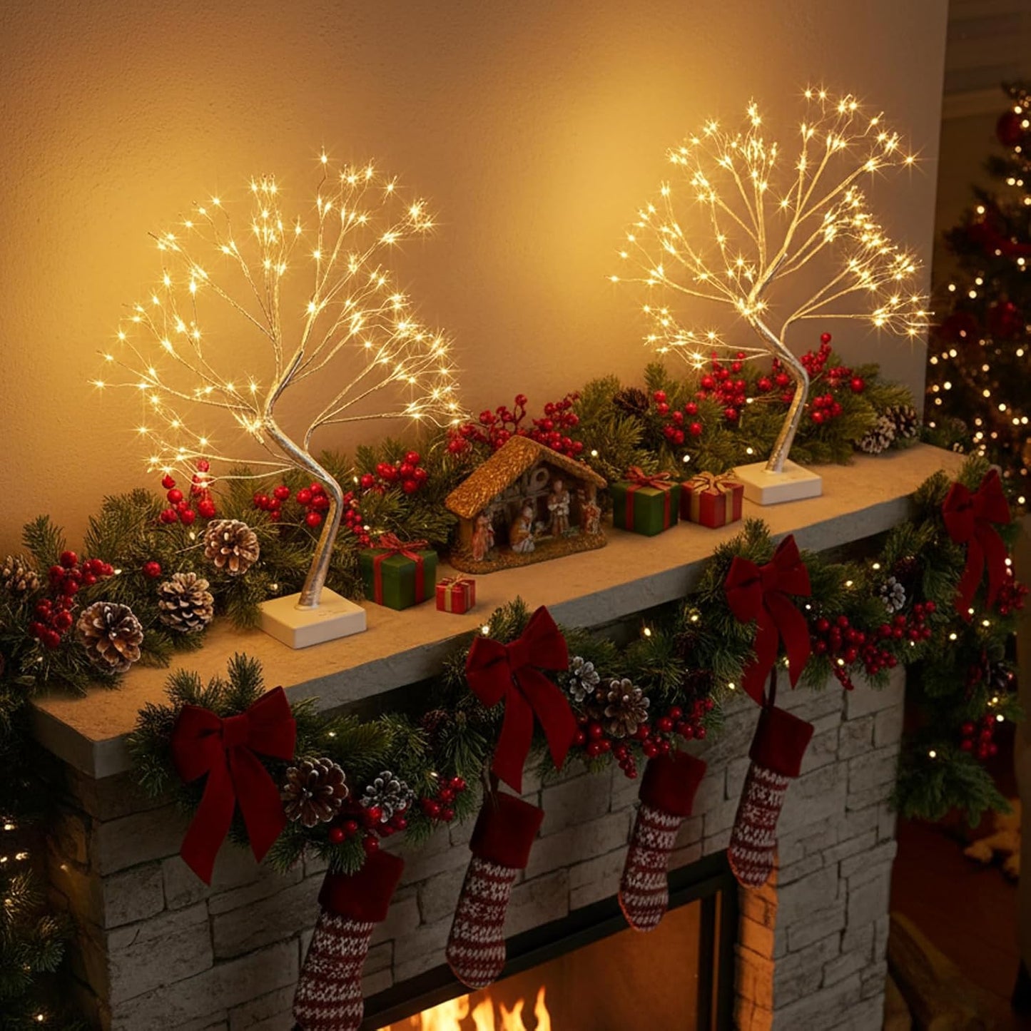 Home Decorations Light Up White Birch Tree Indoor Christmas Decor, 4 Pack Battery Operated/USB Lighted Tabletop Money Tree Lamp Led Lights Xmas Wedding Centerpiece Table Room (2 Ft)