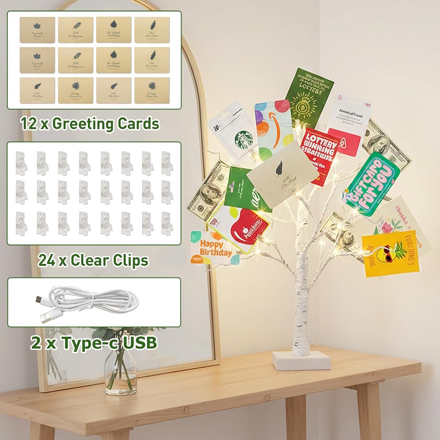 Home Decorations Light Up White Birch Tree Indoor Christmas Decor, 4 Pack Battery Operated/USB Lighted Tabletop Money Tree Lamp Led Lights Xmas Wedding Centerpiece Table Room (2 Ft)