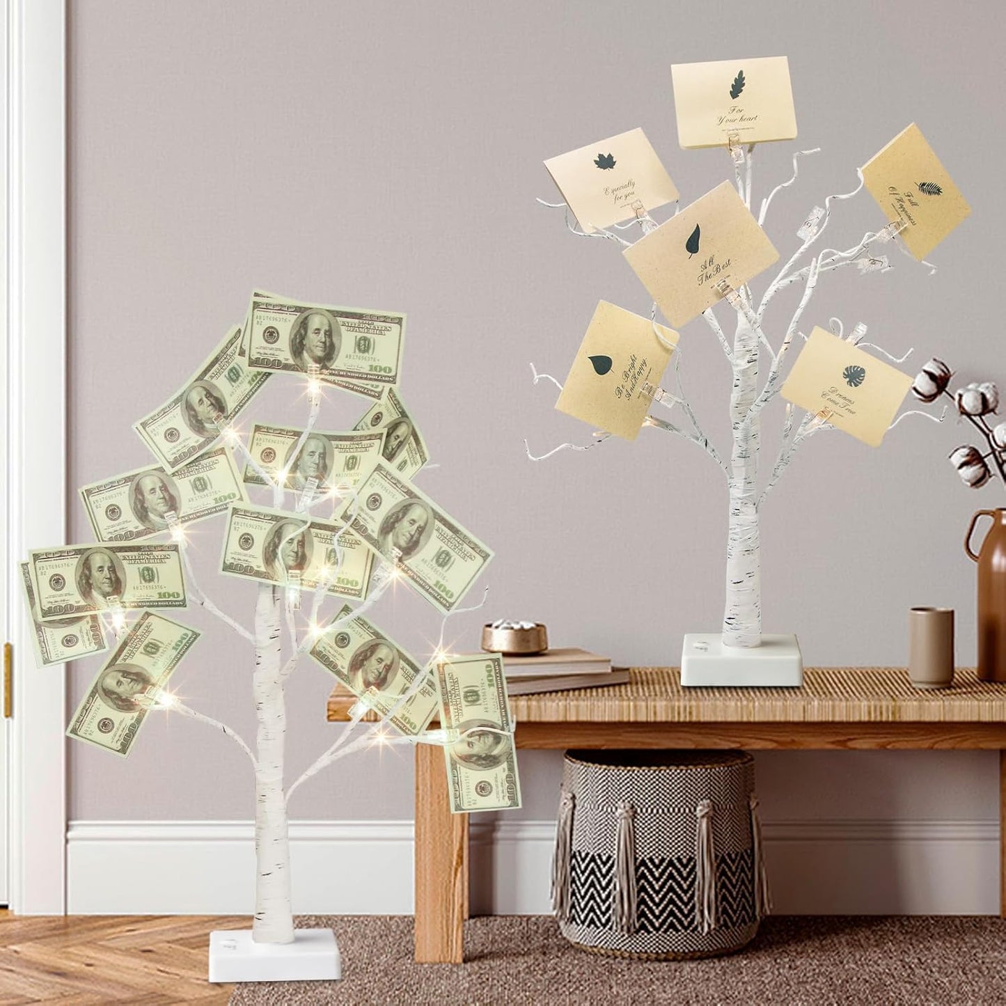 Home Decorations Light Up White Birch Tree Indoor Christmas Decor, 4 Pack Battery Operated/USB Lighted Tabletop Money Tree Lamp Led Lights Xmas Wedding Centerpiece Table Room (2 Ft)