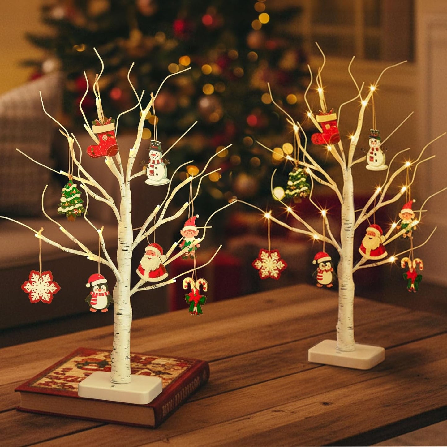 Home Decorations Light Up White Birch Tree Indoor Christmas Decor, 4 Pack Battery Operated/USB Lighted Tabletop Money Tree Lamp Led Lights Xmas Wedding Centerpiece Table Room (2 Ft)