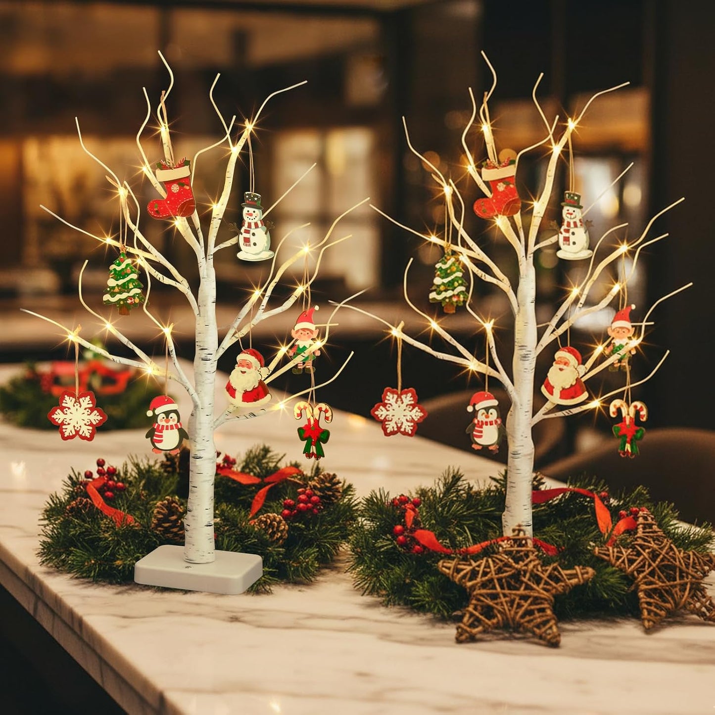 Home Decorations Light Up White Birch Tree Indoor Christmas Decor, 4 Pack Battery Operated/USB Lighted Tabletop Money Tree Lamp Led Lights Xmas Wedding Centerpiece Table Room (2 Ft)