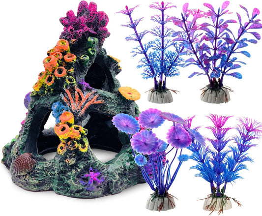 Aquarium Colorful Coral Reef Set Fish Tank Decoration Mountain Ornament for Aquarium Environments Decor Accessories, Coral Mountain x 1, Aquatic Plant x 4