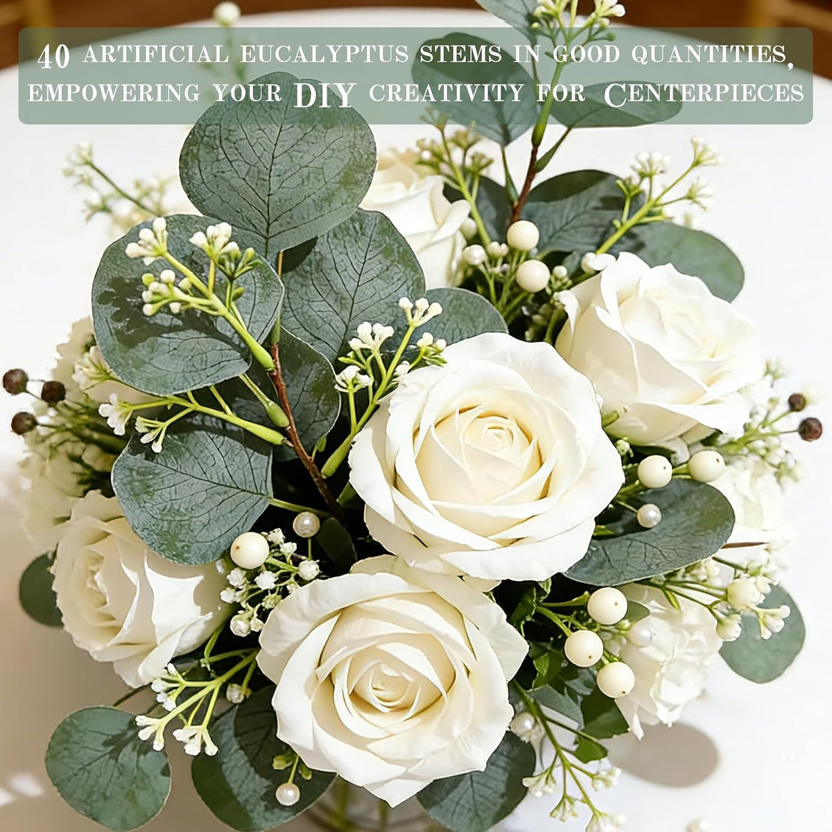 40 Pcs Faux Eucalyptus Leaves Stems Bulk Silver Dollar White Seed Artificial Greenery Stems Fake Sprays Branches for Wedding Table Centerpiece Bouquet Garland Floral Arrangement Home Decor