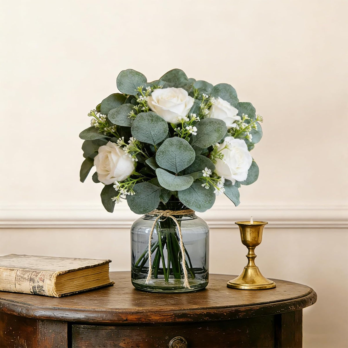 40 Pcs Faux Eucalyptus Leaves Stems Bulk Silver Dollar White Seed Artificial Greenery Stems Fake Sprays Branches for Wedding Table Centerpiece Bouquet Garland Floral Arrangement Home Decor