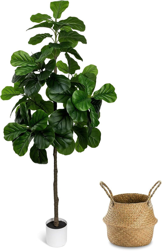 Artificial Fiddle Leaf Fig Tree 6FT Large | Fake Trees with White Planter, Tall Faux Ficus Lyrata Floor Plants for Indoor Home Decor Office Living Room Housewarming Gift