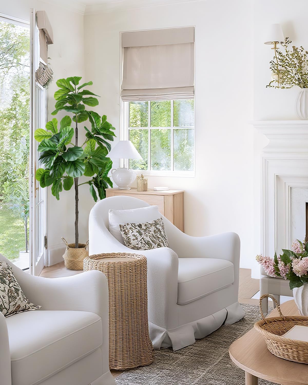 Artificial Fiddle Leaf Fig Tree 6FT Large | Fake Trees with White Planter, Tall Faux Ficus Lyrata Floor Plants for Indoor Home Decor Office Living Room Housewarming Gift