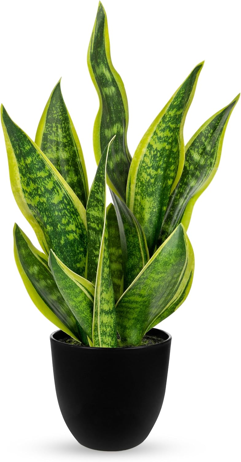 Artificial Snake Plant Potted Faux Sansevieria Trifasciata Plants, 18" Tropical Fake Plants in White Pots for Home Office Room Indoor Decor Housewarming Gifts