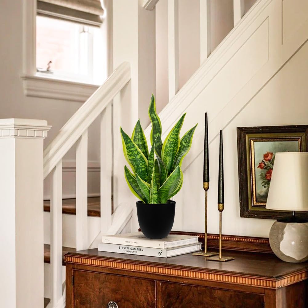 Artificial Snake Plant Potted Faux Sansevieria Trifasciata Plants, 18" Tropical Fake Plants in White Pots for Home Office Room Indoor Decor Housewarming Gifts