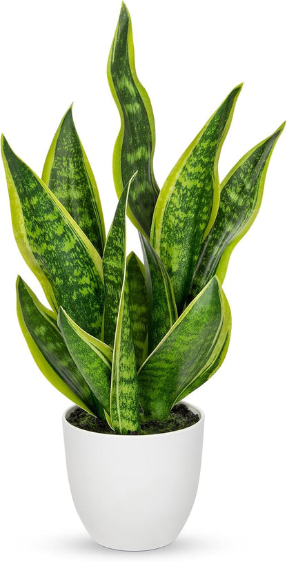 Artificial Snake Plant Potted Faux Sansevieria Trifasciata Plants, 18" Tropical Fake Plants in White Pots for Home Office Room Indoor Decor Housewarming Gifts