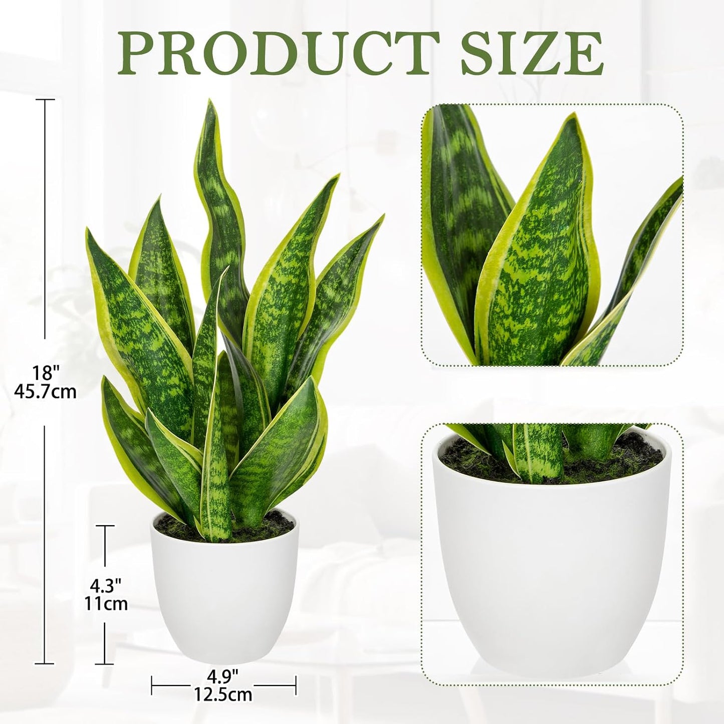 Artificial Snake Plant Potted Faux Sansevieria Trifasciata Plants, 18" Tropical Fake Plants in White Pots for Home Office Room Indoor Decor Housewarming Gifts