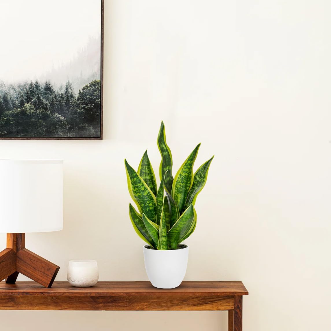 Artificial Snake Plant Potted Faux Sansevieria Trifasciata Plants, 18" Tropical Fake Plants in White Pots for Home Office Room Indoor Decor Housewarming Gifts