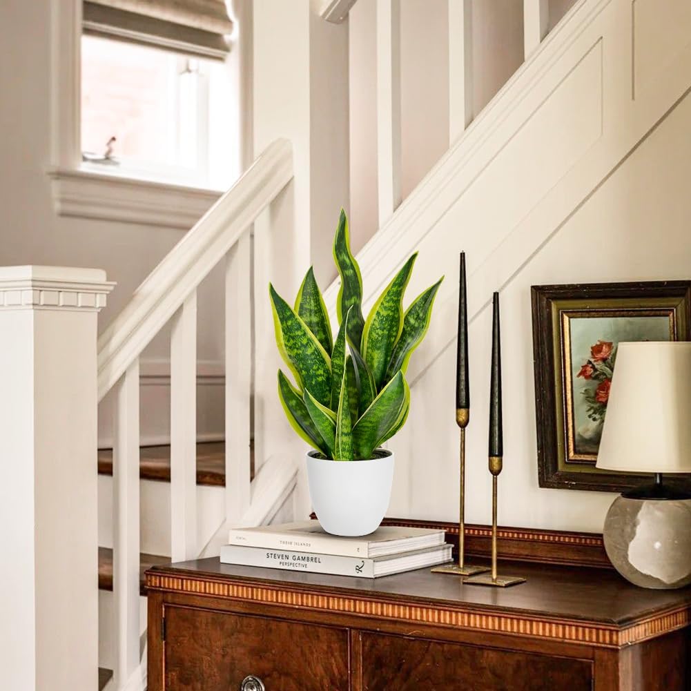 Artificial Snake Plant Potted Faux Sansevieria Trifasciata Plants, 18" Tropical Fake Plants in White Pots for Home Office Room Indoor Decor Housewarming Gifts