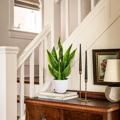 Artificial Snake Plant Potted Faux Sansevieria Trifasciata Plants, 18" Tropical Fake Plants in White Pots for Home Office Room Indoor Decor Housewarming Gifts