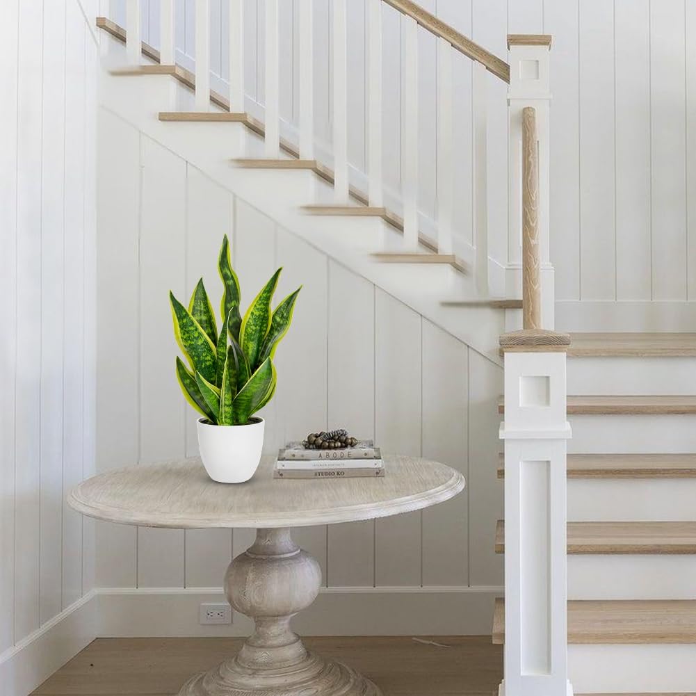 Artificial Snake Plant Potted Faux Sansevieria Trifasciata Plants, 18" Tropical Fake Plants in White Pots for Home Office Room Indoor Decor Housewarming Gifts