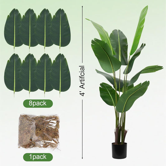 4FT Artificial Bird of Paradise Plant, Lifelike Faux Tropical Tree with 10 Lush Banana Leaves, Tall Artificial Plants Indoor for Living Room Bedroom Decor, Black Pot(4FT)