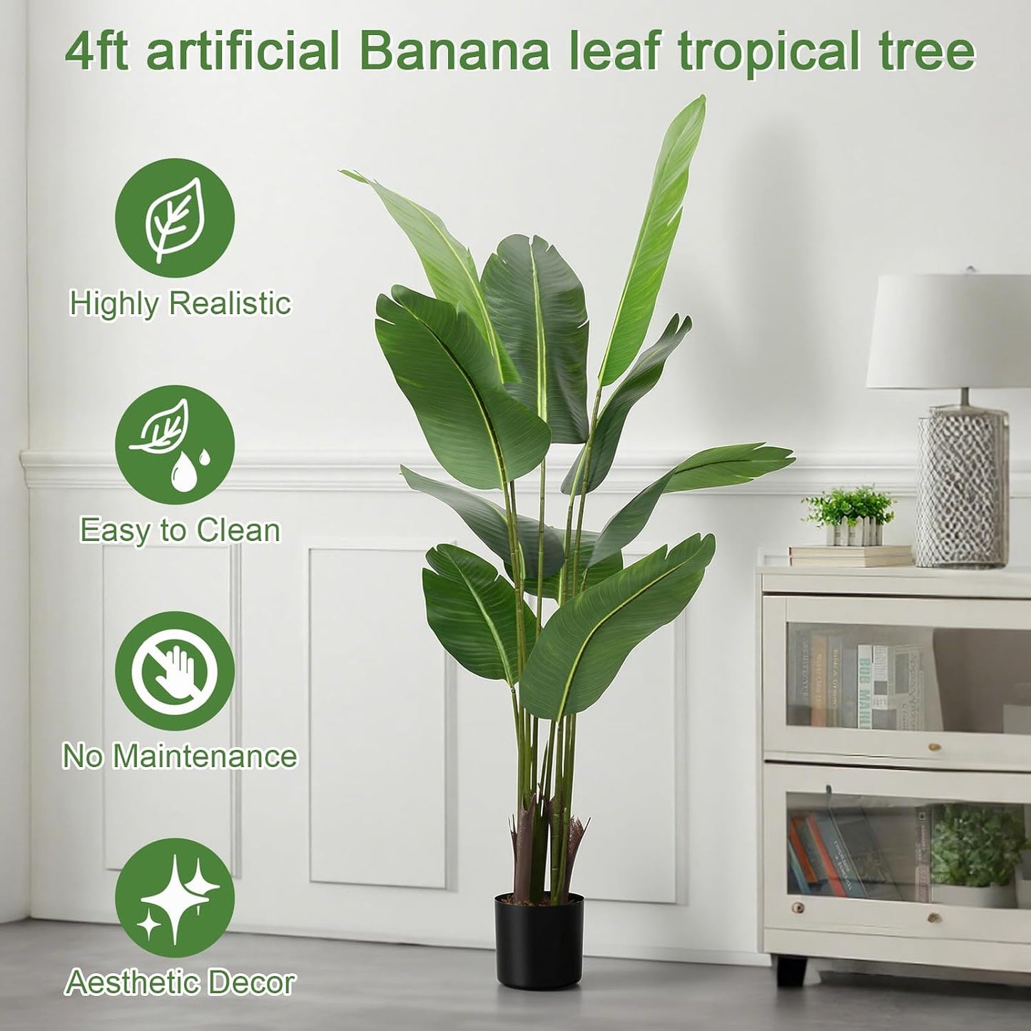 4FT Artificial Bird of Paradise Plant, Lifelike Faux Tropical Tree with 10 Lush Banana Leaves, Tall Artificial Plants Indoor for Living Room Bedroom Decor, Black Pot(4FT)