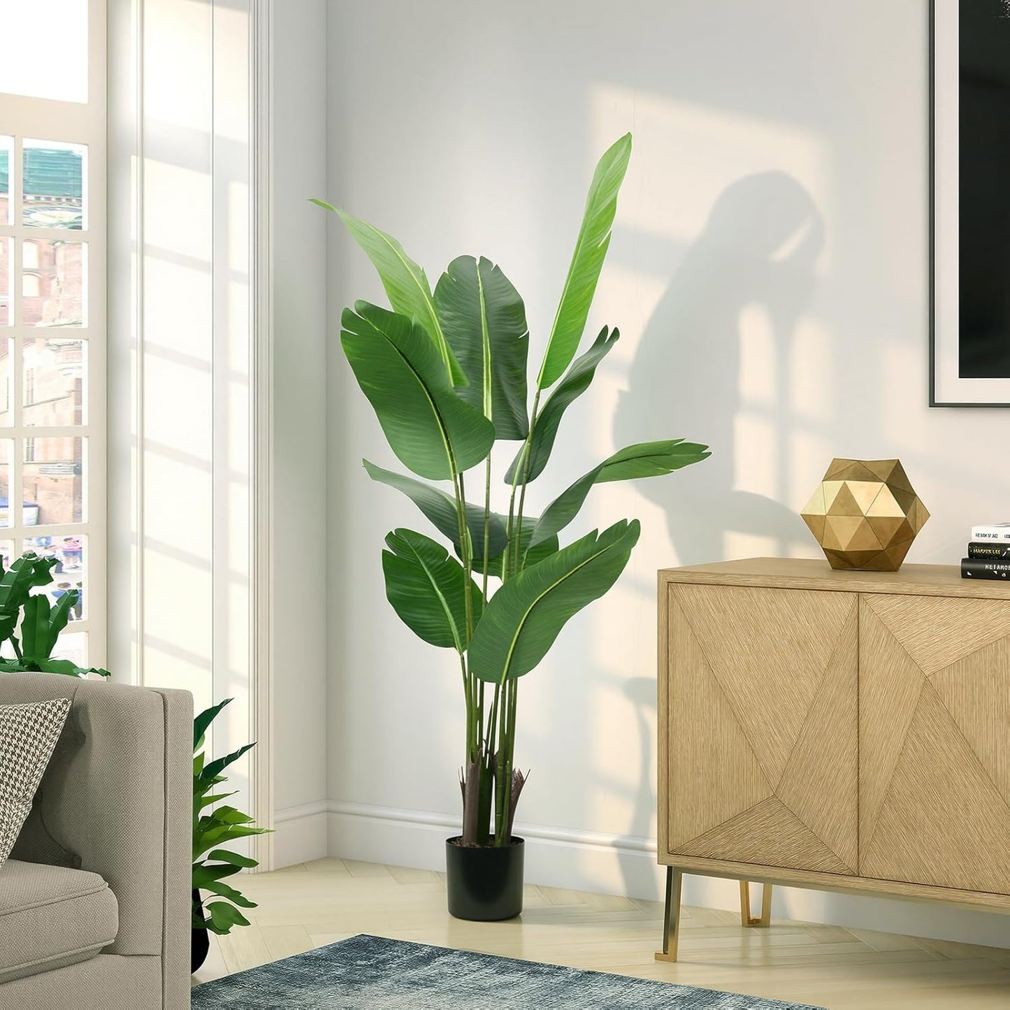 4FT Artificial Bird of Paradise Plant, Lifelike Faux Tropical Tree with 10 Lush Banana Leaves, Tall Artificial Plants Indoor for Living Room Bedroom Decor, Black Pot(4FT)