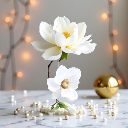 2Pcs White Artificial Magnolia Fake Silk Flower Single Floral Home Decor Living Room Bedroom Garden Party Wedding Decoration in Pots Vase for Desk Table, Artificial Flowers, Home Décor Products