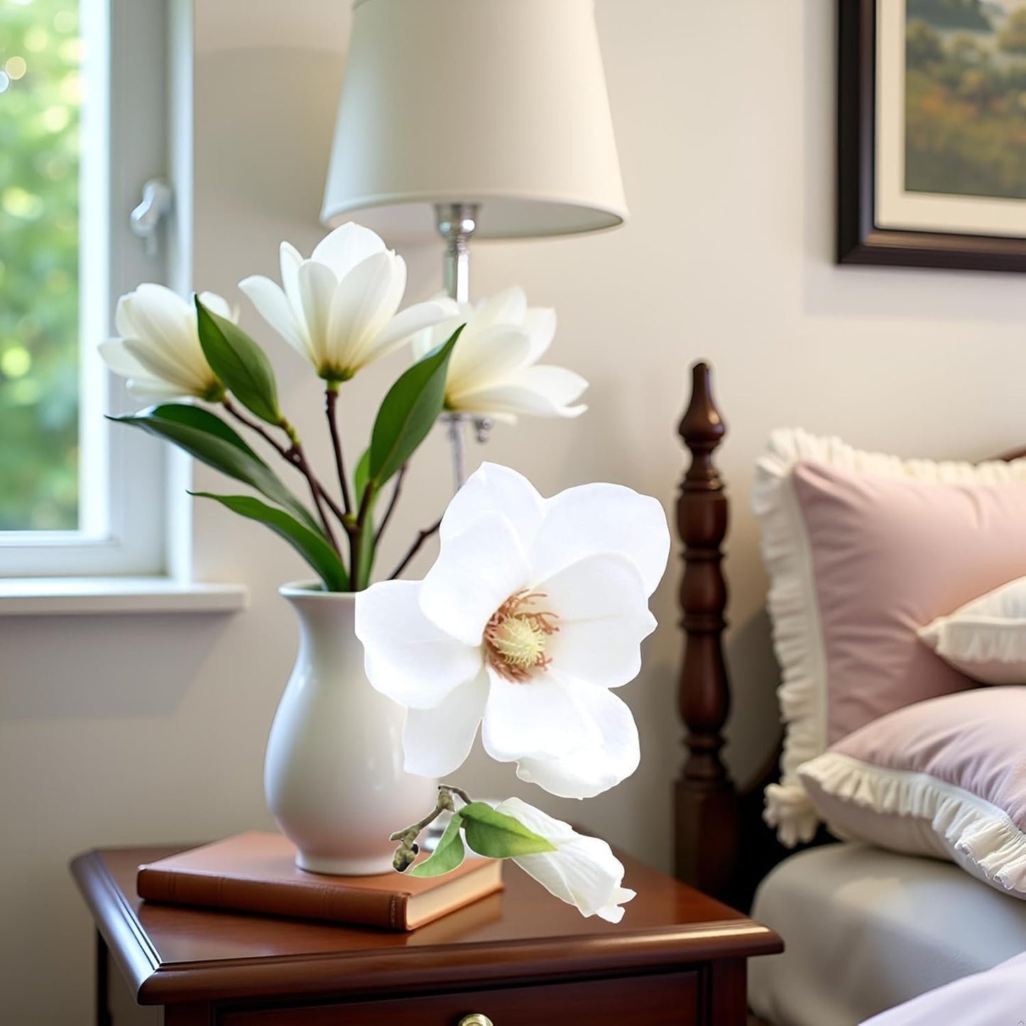 2Pcs White Artificial Magnolia Fake Silk Flower Single Floral Home Decor Living Room Bedroom Garden Party Wedding Decoration in Pots Vase for Desk Table, Artificial Flowers, Home Décor Products