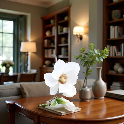 2Pcs White Artificial Magnolia Fake Silk Flower Single Floral Home Decor Living Room Bedroom Garden Party Wedding Decoration in Pots Vase for Desk Table, Artificial Flowers, Home Décor Products