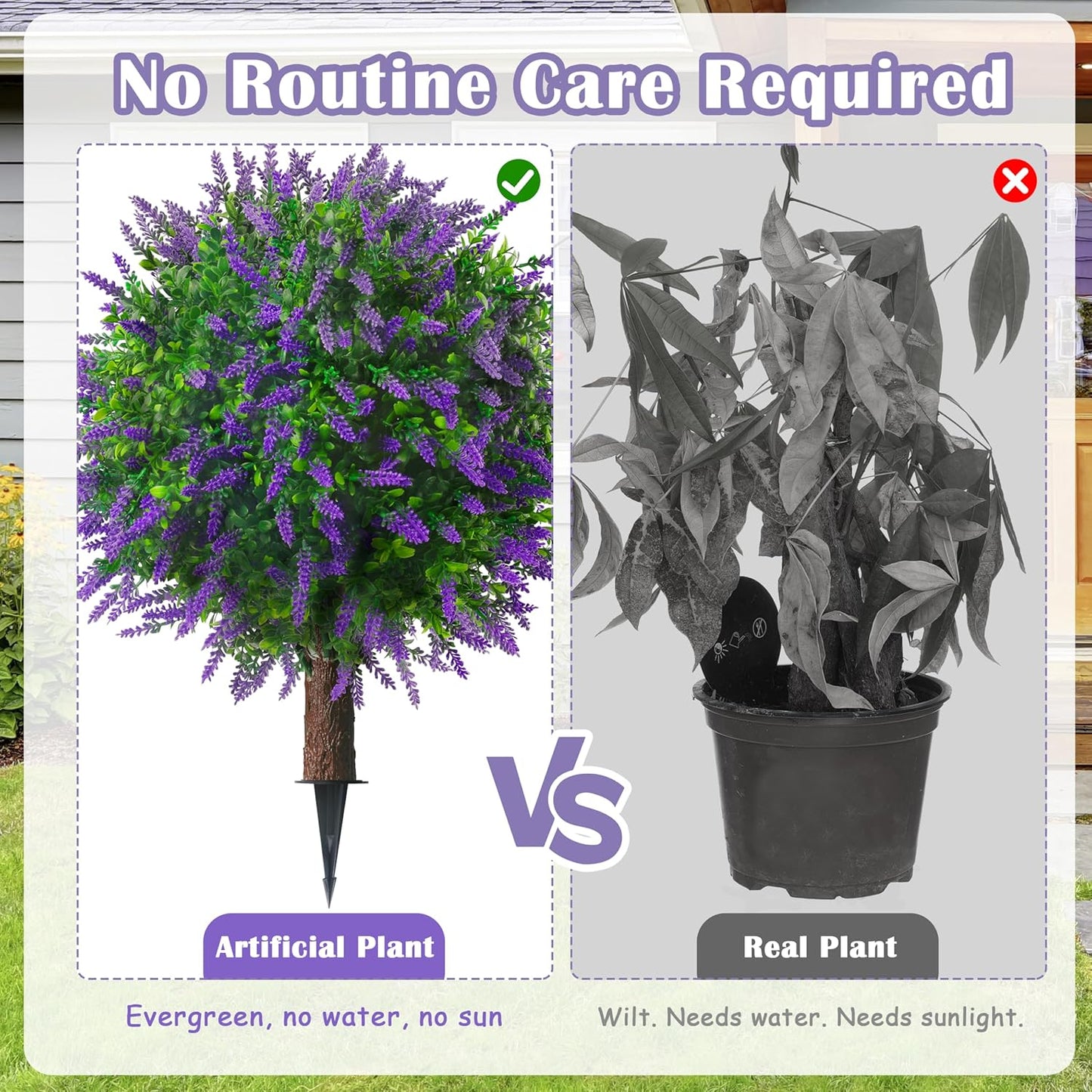 25.5" Set of 2 Artificial Lavender Topiary Ball Trees, Faux Lavender Shrub Bushes with Ground Spike, UV Resistant Fake Plants for Indoor, Garden, Yard, Porch, Patio Decor (2, Purple)