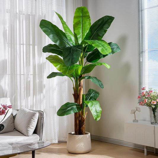 Erimda 7.2FT Artificial Banana Tree, Lifelike Fake Banana Leaf Tropical Silk Tree, Easy Assembly Faux Floor Plant with Sturdy Trunk, Maintenance Free for Indoor Home Patio Pool Outdoor Tropical Decor