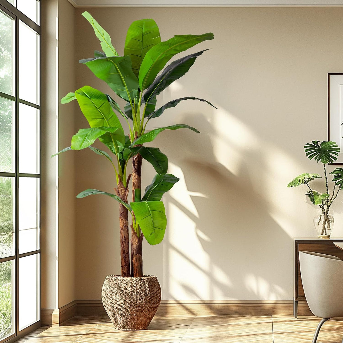 Erimda 7.2FT Artificial Banana Tree, Lifelike Fake Banana Leaf Tropical Silk Tree, Easy Assembly Faux Floor Plant with Sturdy Trunk, Maintenance Free for Indoor Home Patio Pool Outdoor Tropical Decor